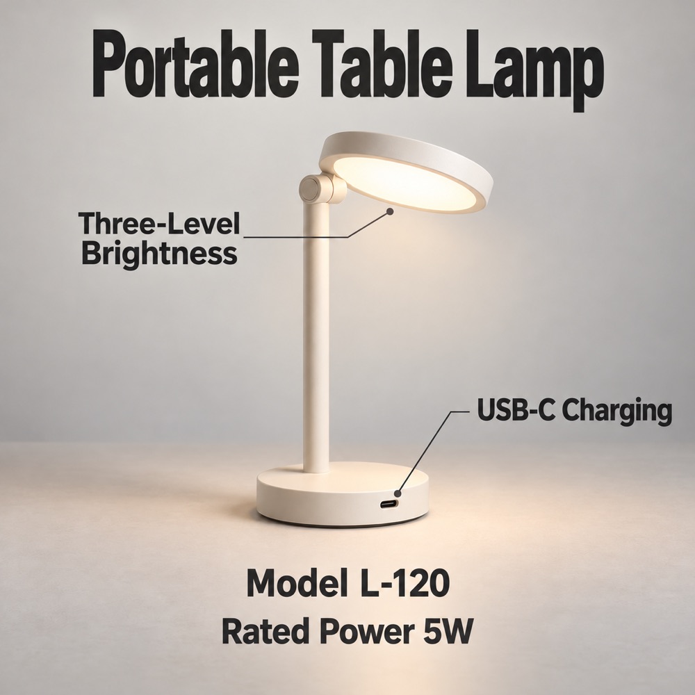 English translation of the desk lamp image showing Portable Table Lamp, Three-Level Brightness and USB-C Charging