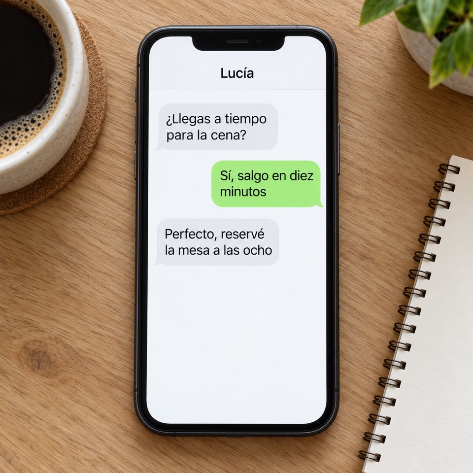 Smartphone showing a Spanish chat conversation about dinner plans