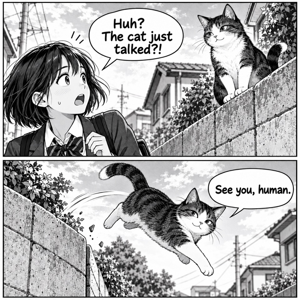 The same manga page with English speech bubbles: Huh? The cat just talked?! and See you, human.