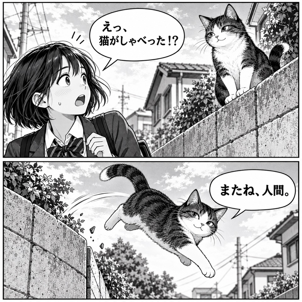 Black-and-white manga page with Japanese speech bubbles about a talking cat