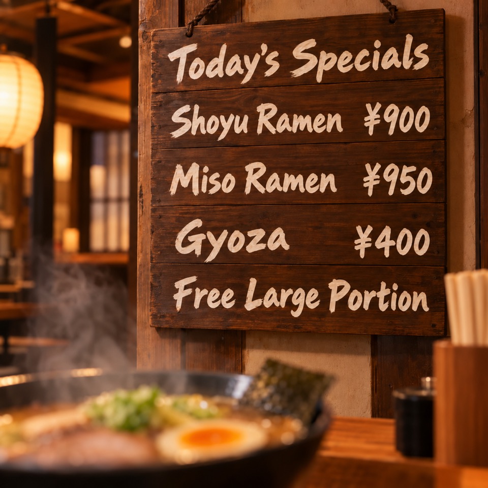 The same ramen menu board translated into English: Today's Specials, Shoyu Ramen ¥900, Miso Ramen ¥950, Gyoza ¥400