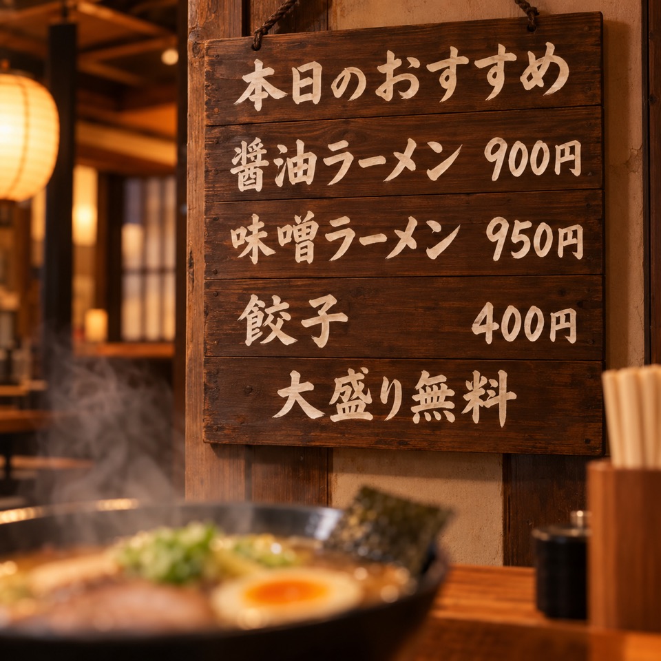 Japanese ramen shop menu board listing shoyu ramen, miso ramen and gyoza with prices in yen