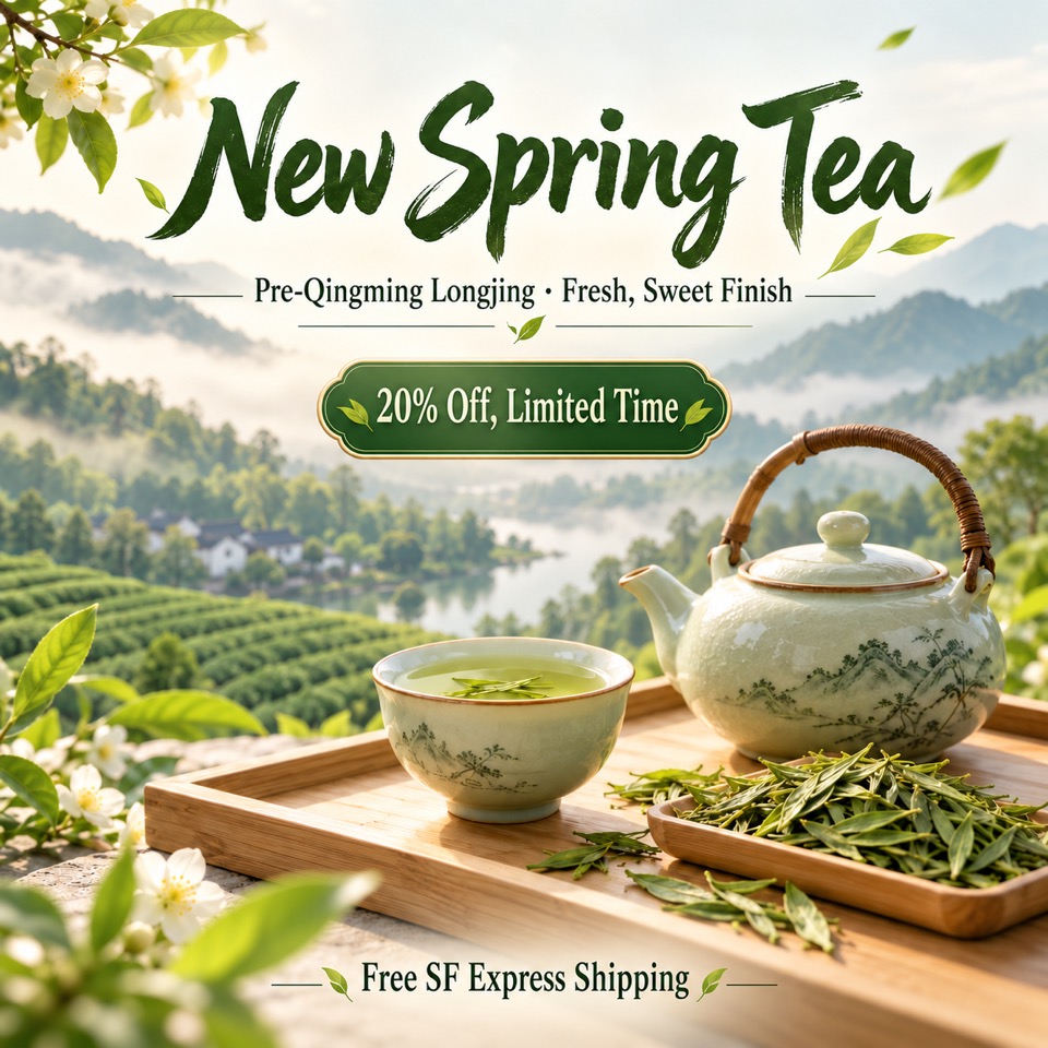 The same green tea poster translated into English: New Spring Tea, 20% Off, Limited Time, Free SF Express Shipping