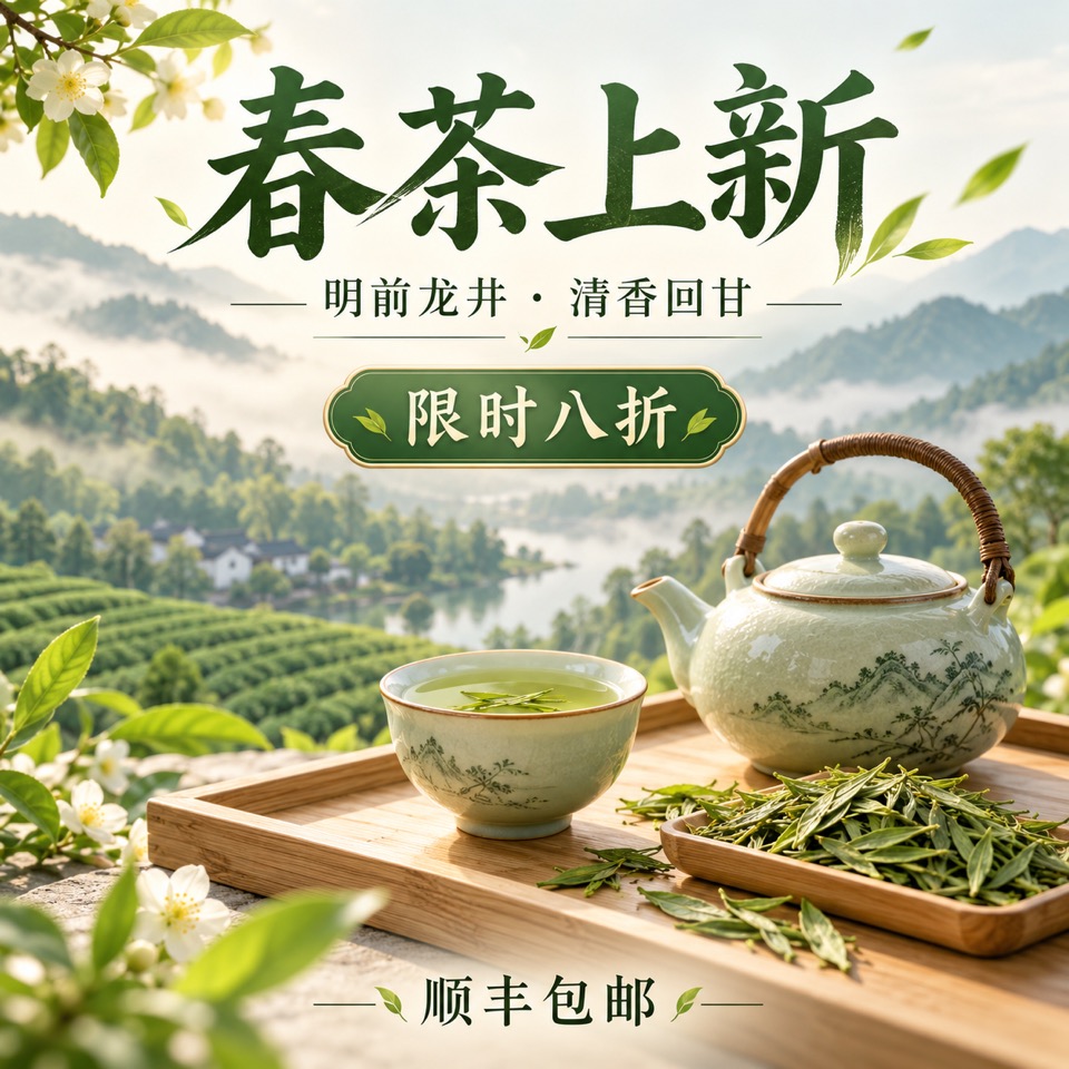 Chinese green tea promotional poster with a teapot, tea cup and tea plantation