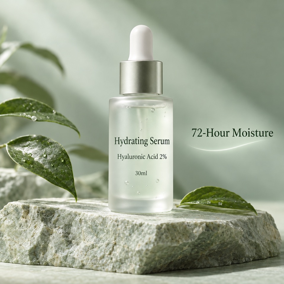 The same serum bottle with the label translated into English: Hydrating Serum, Hyaluronic Acid 2%, 72-Hour Moisture