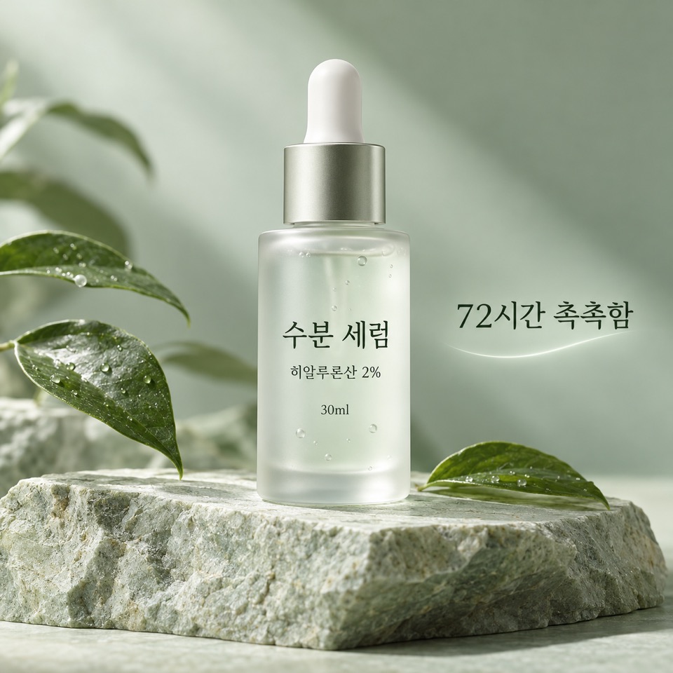 Serum bottle with a Korean label reading hydrating serum, hyaluronic acid 2%, 30ml